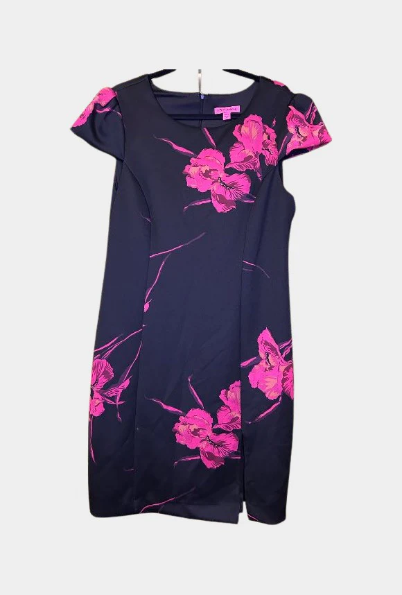 Betsey Johnson Magenta Hawaiian Floral Puffy Cap Sleeve Scuba Sheath Slit Dress | RE:LUV