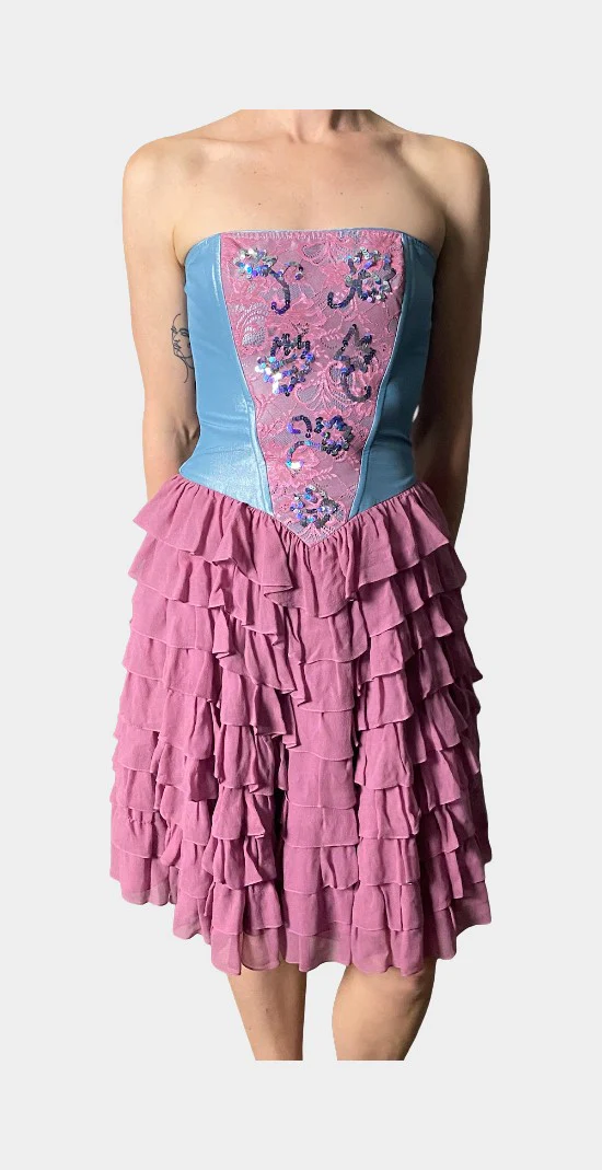 Blue and mauve strapless ruffle dress. | RE:LUV