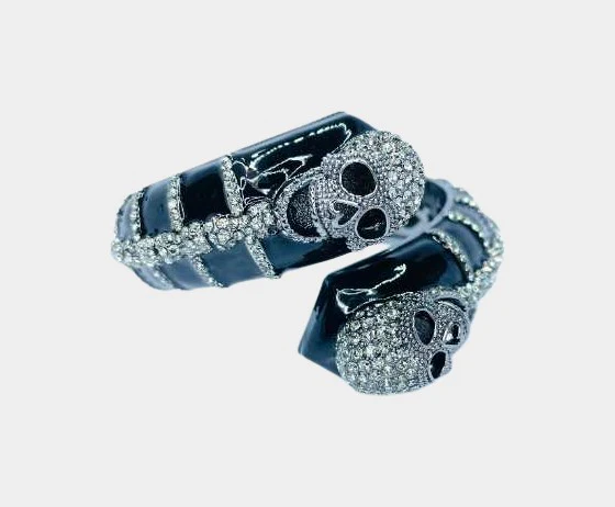 Hinged Skull Bracelet, Black & Crystal Skeleton Wrap | RE:LUV